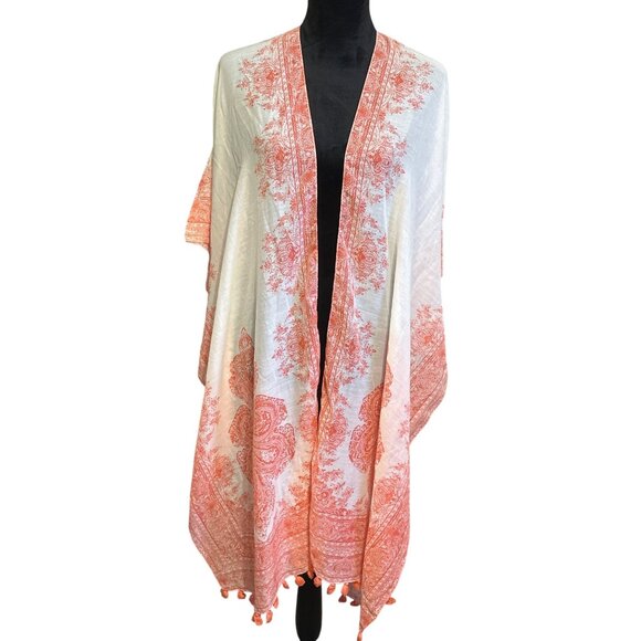 Tops - Boho-Inspired Orange & White Paisley Kimono Wrap With Tassel Trim